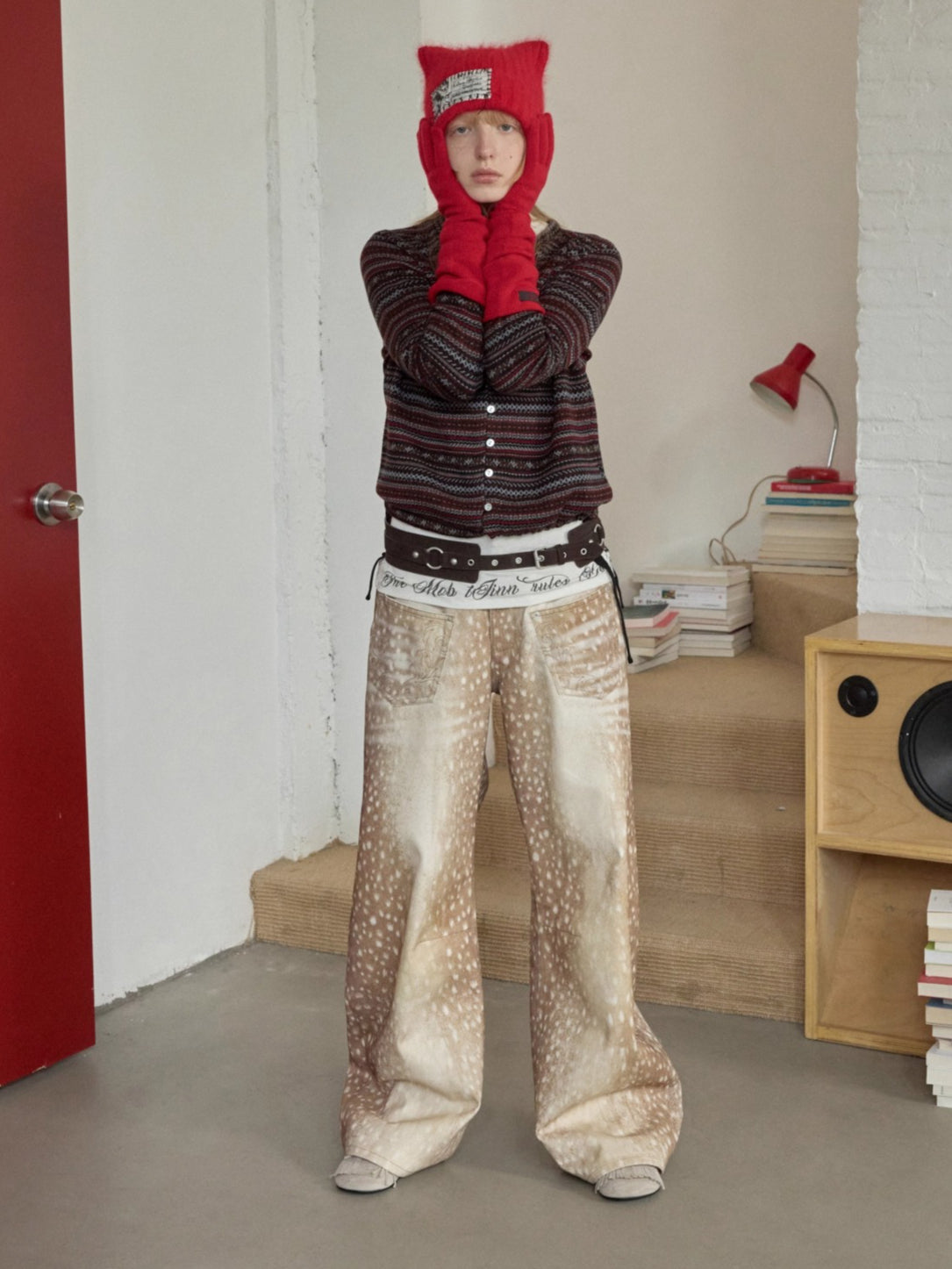 Vintage Deer Print Curved-Leg Canvas Pants