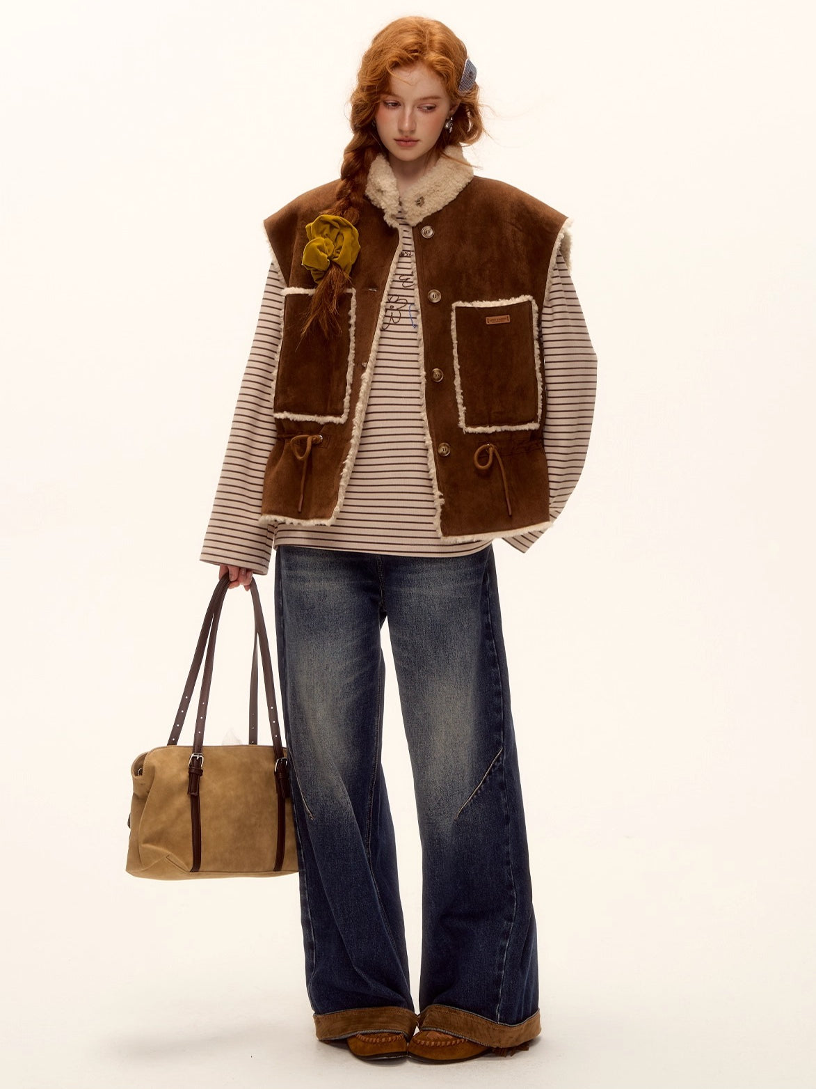 Suede-Panel Washed Denim Wide-Leg Jeans