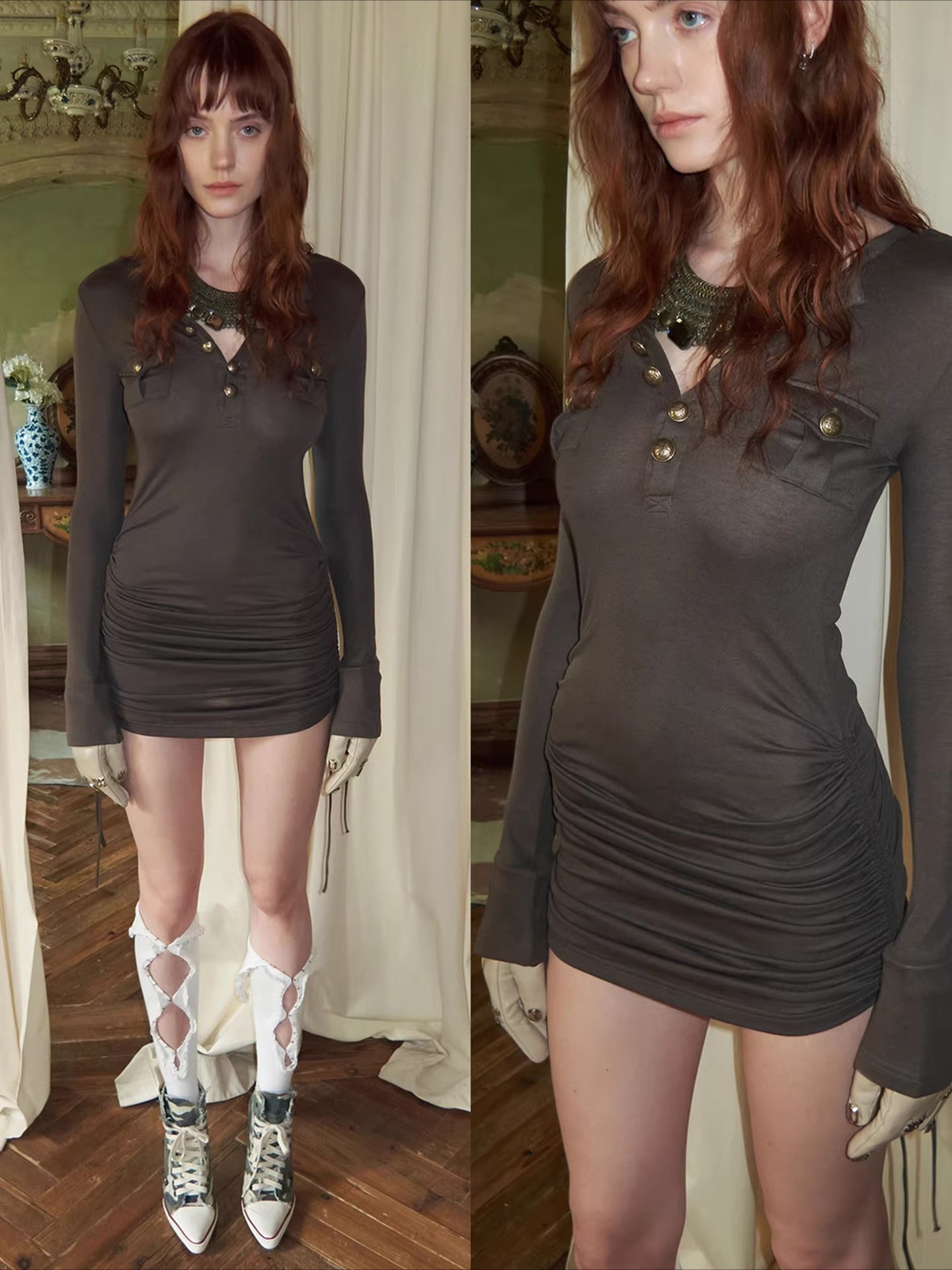 Drawstring Knit Bodycon Midi Dress