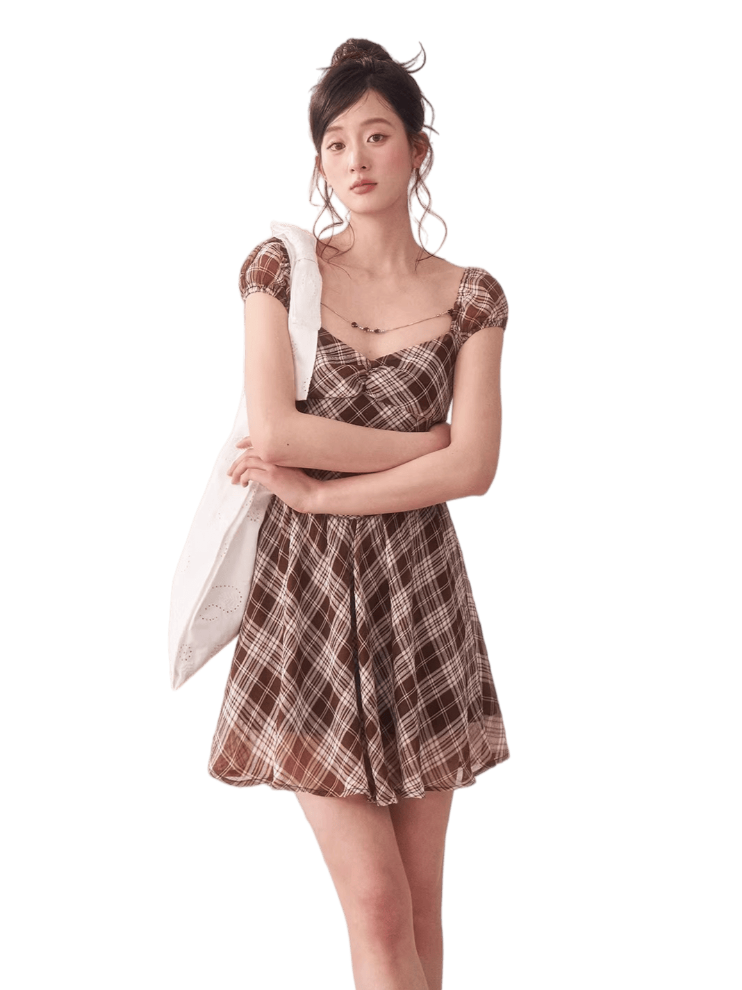Vintage Plaid Puff Sleeve A-Line Mini Dress