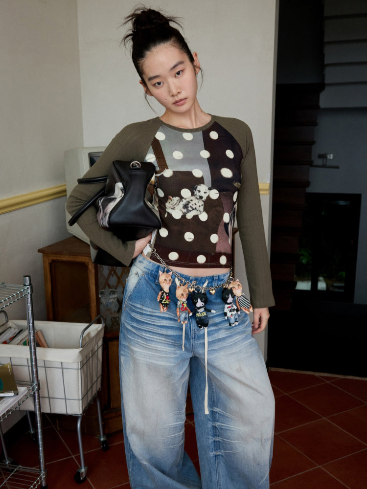 Cat Print Raglan Sleeve Color-Blocking T-Shirt
