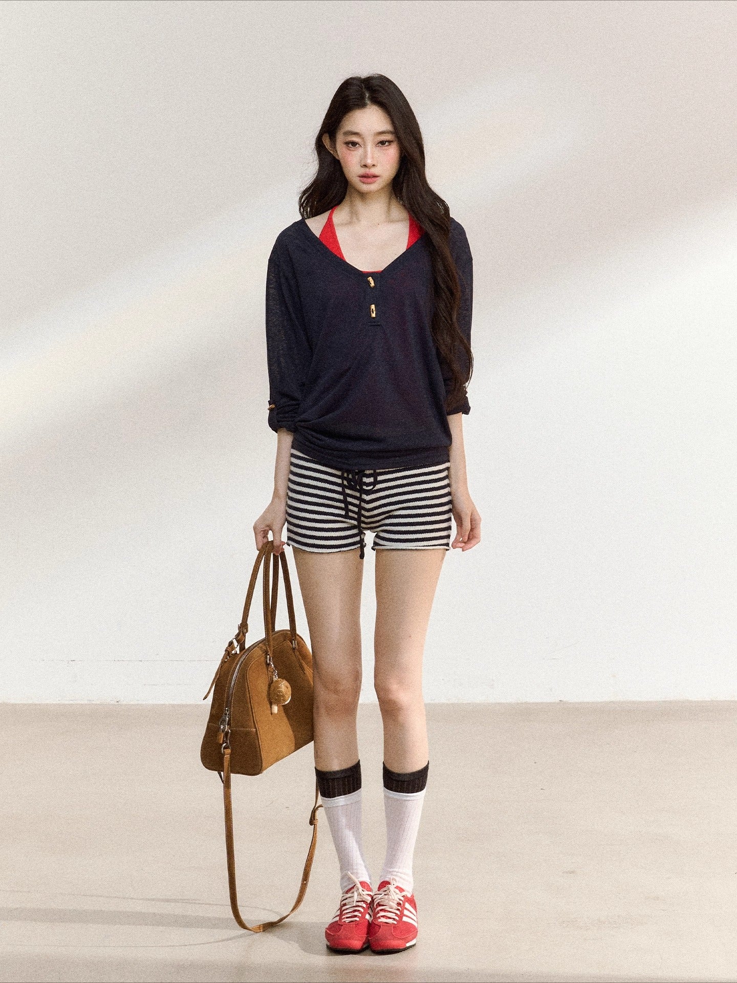 Stripes Contrast Knit Low-Rise Mini Shorts - CHINASQUAD