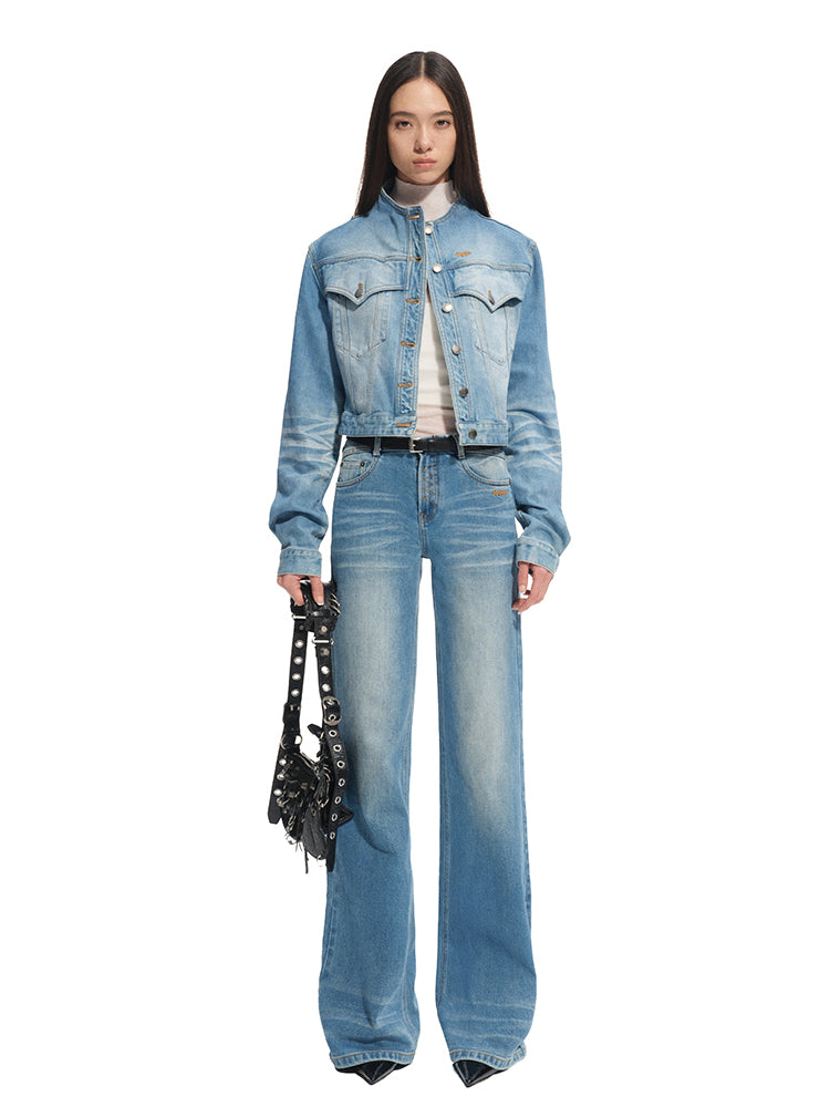 Twill Denim Cat-Whisker Stand-Collar Cropped Jacket - CHINASQUAD