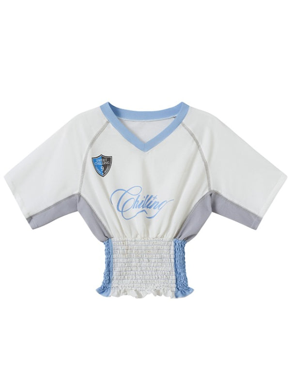 White & Blue V-neck Smocked Jersey Baby Tee - CHINASQUAD