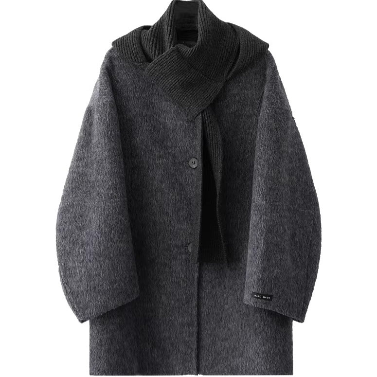 Knitted Hooded Scarf Mid-Length Wool Coat