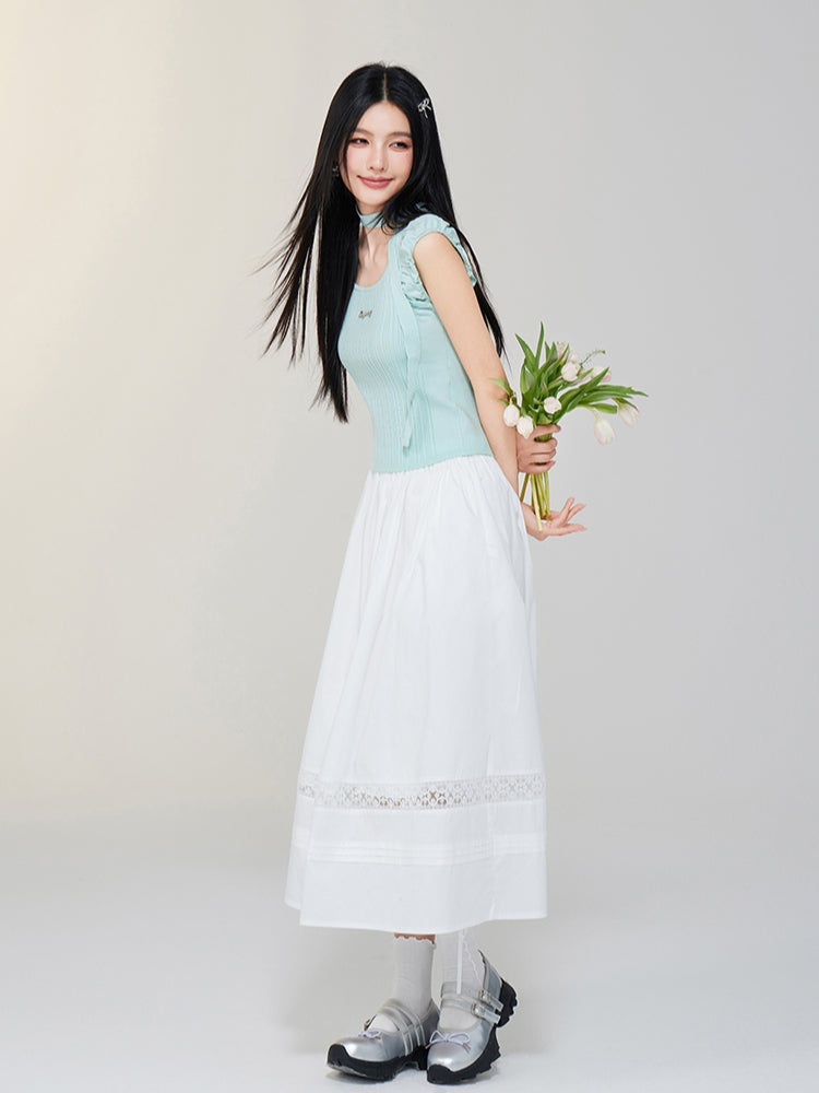 White Lace Splicing A-Line Skirt - CHINASQUAD