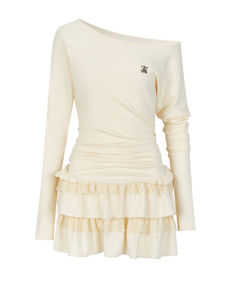One-Shoulder Lace-Trim Tiered Dress - CHINASQUAD