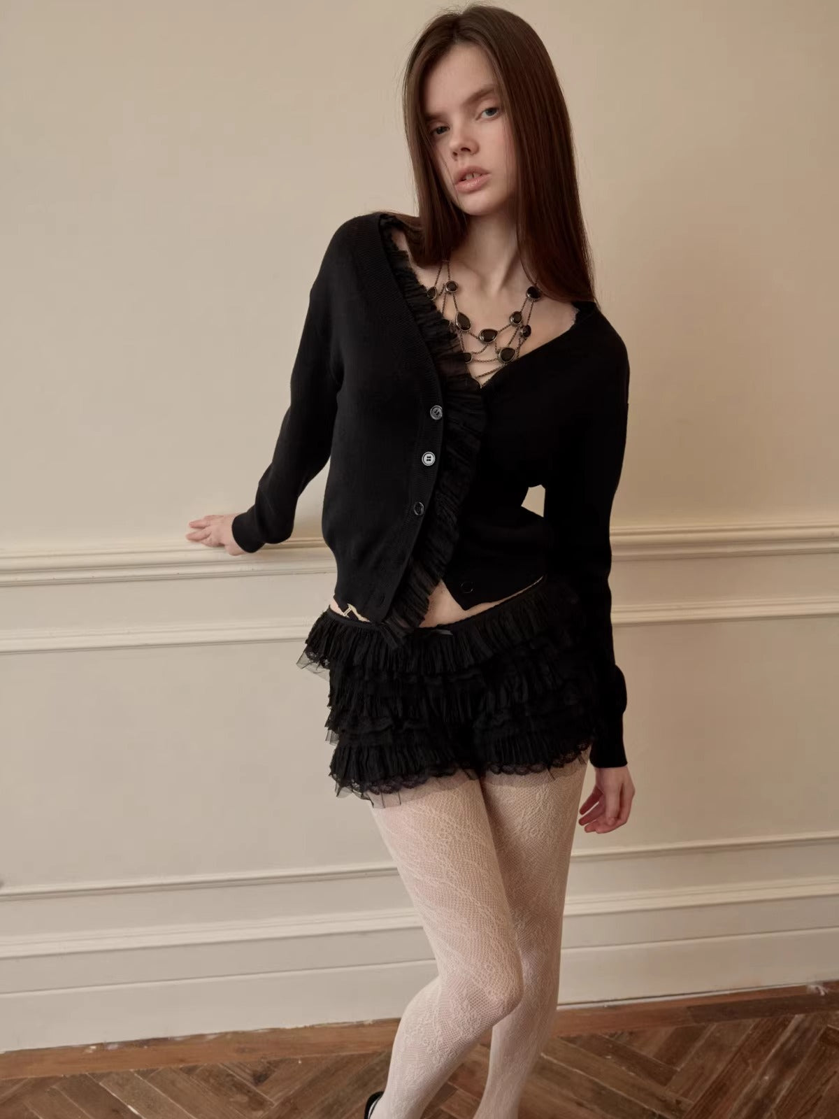 Ruched Trim Acetate-Blend Knit Cardigan