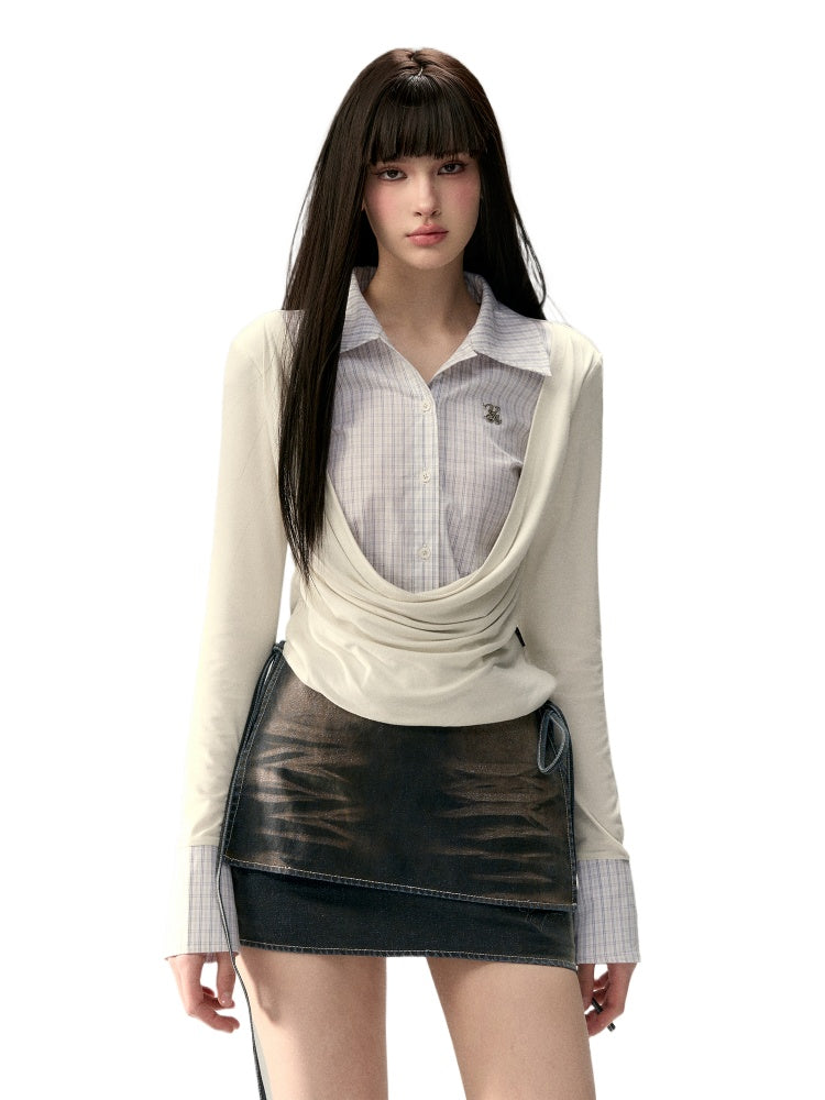 Fake Two-Piece Plaid Spliced Shirt - CHINASQUAD