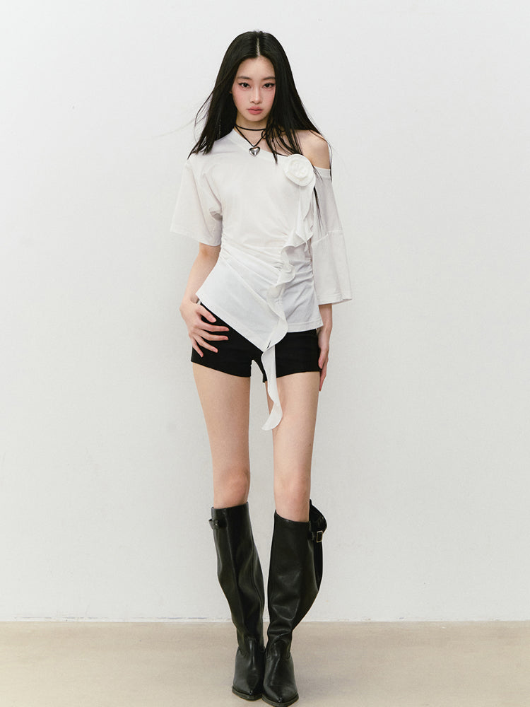 Asymmetric Shoulder 3D Floral T-shirt - CHINASQUAD