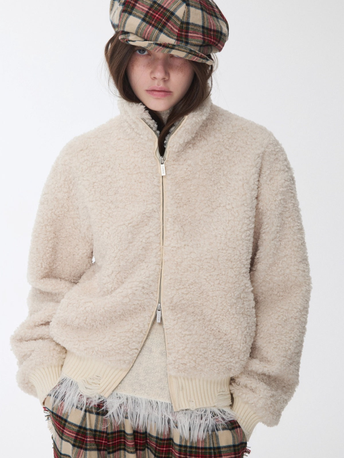 Distressed Fleece Zip-Up Cropped Jacket