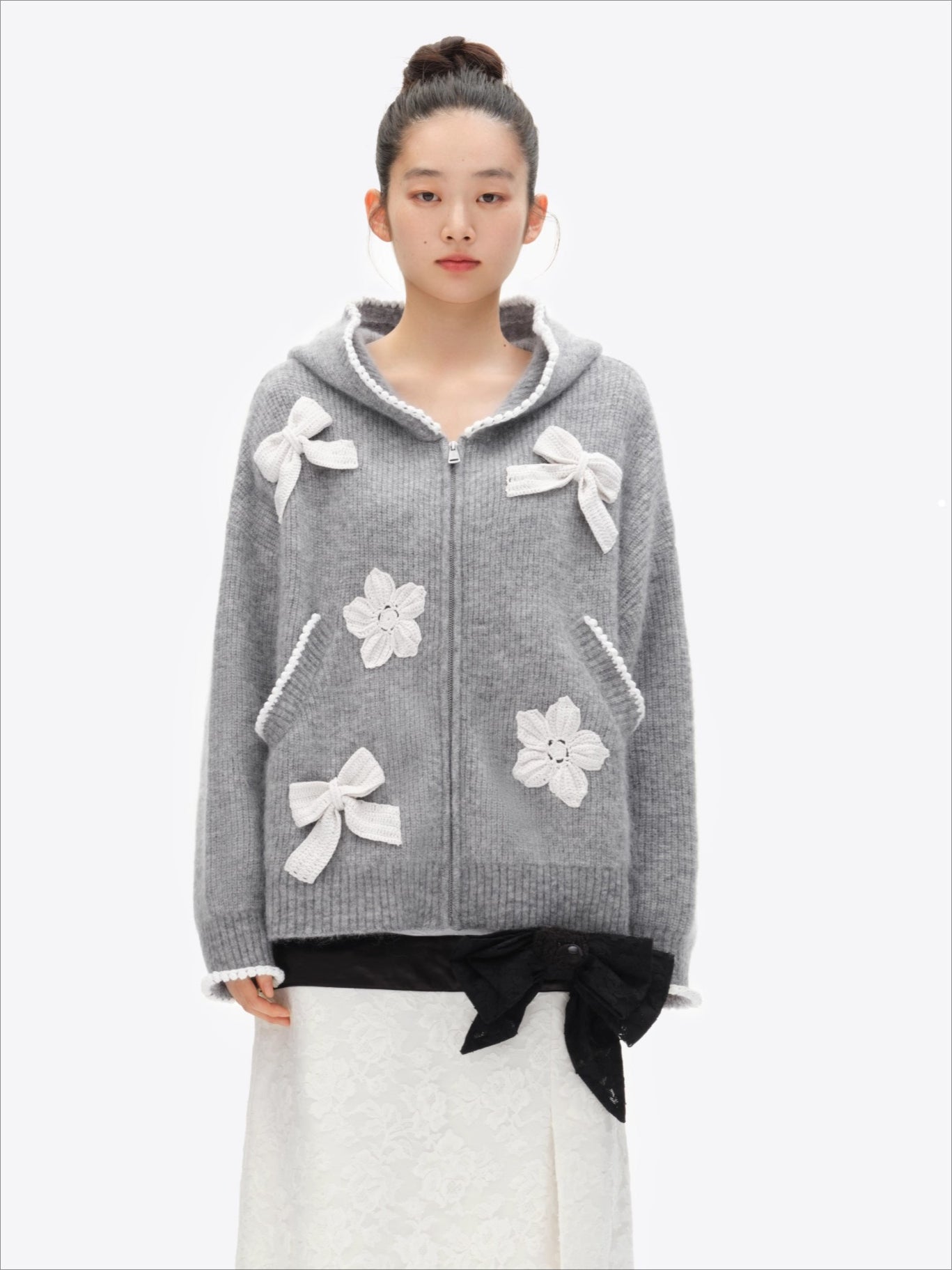 Crochet-Trim Knit Hoodie