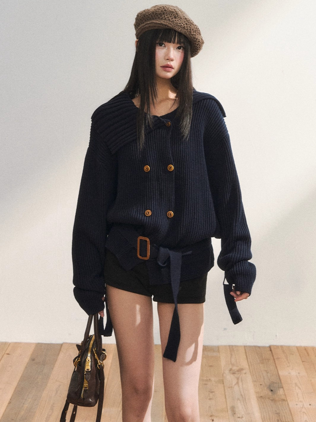 Double-Breasted Belted Knit Cardigan