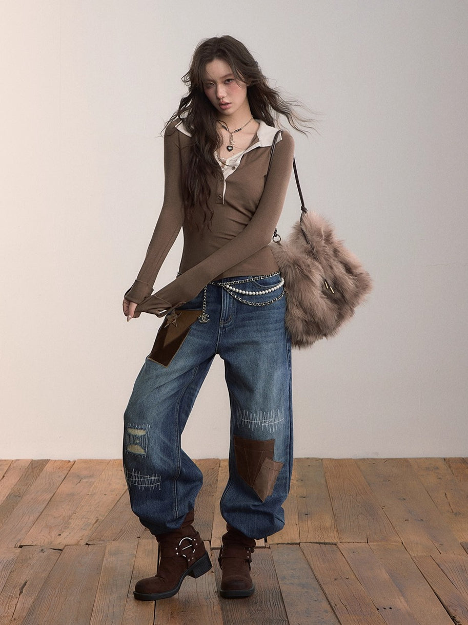 Nomad Patchwork Contrast Denim Jeans - CHINASQUAD