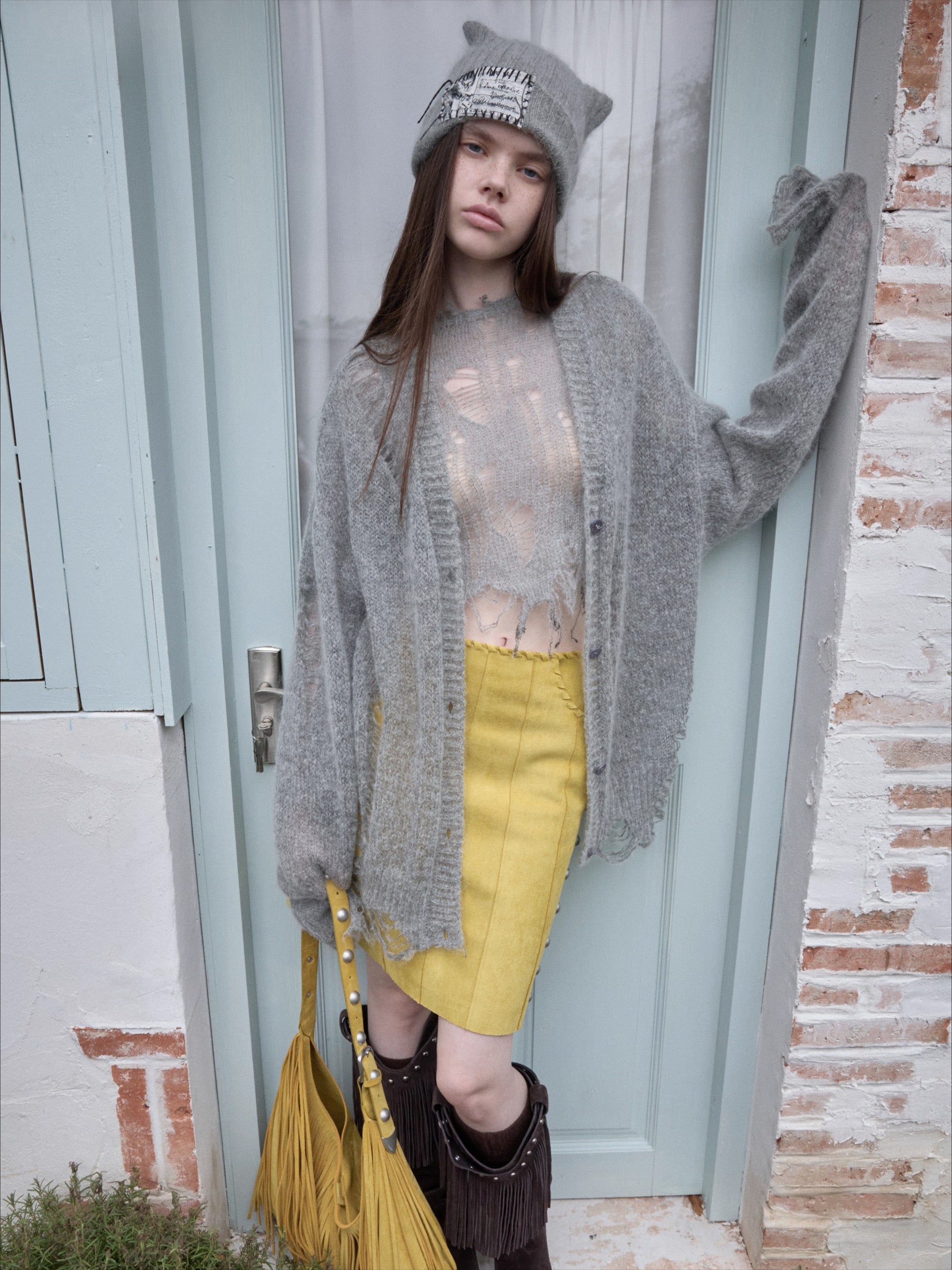 Mohair Star Cutout Slouchy Knit Cardigan