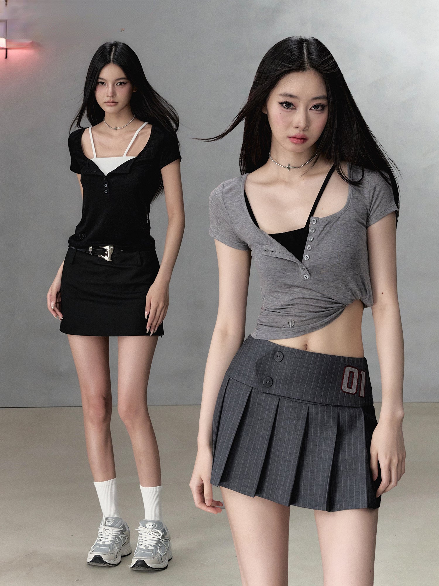 Black & Grey Henley Collar Embroidered T-Shirt - CHINASQUAD