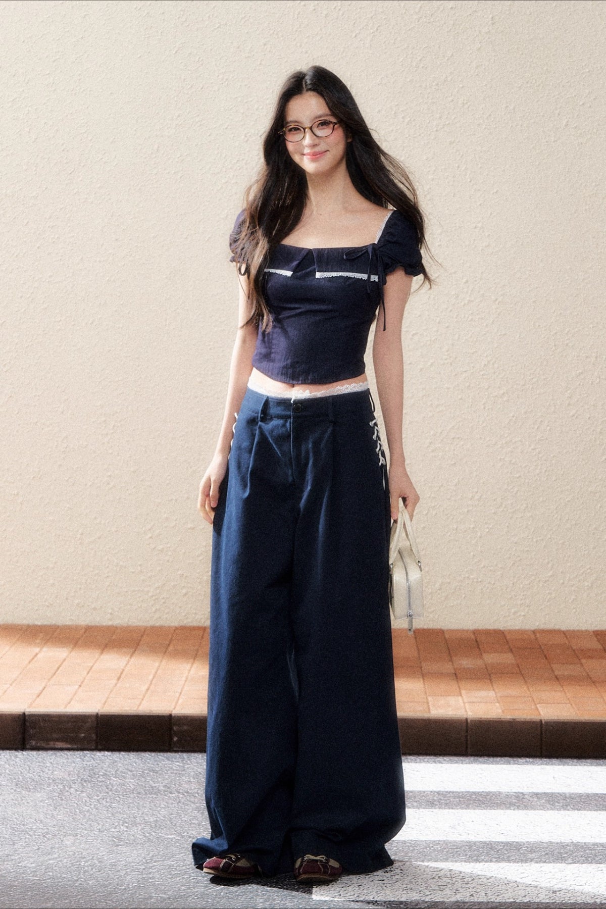 Midnight Square-Neck Puff Sleeve Crop Blouse - CHINASQUAD