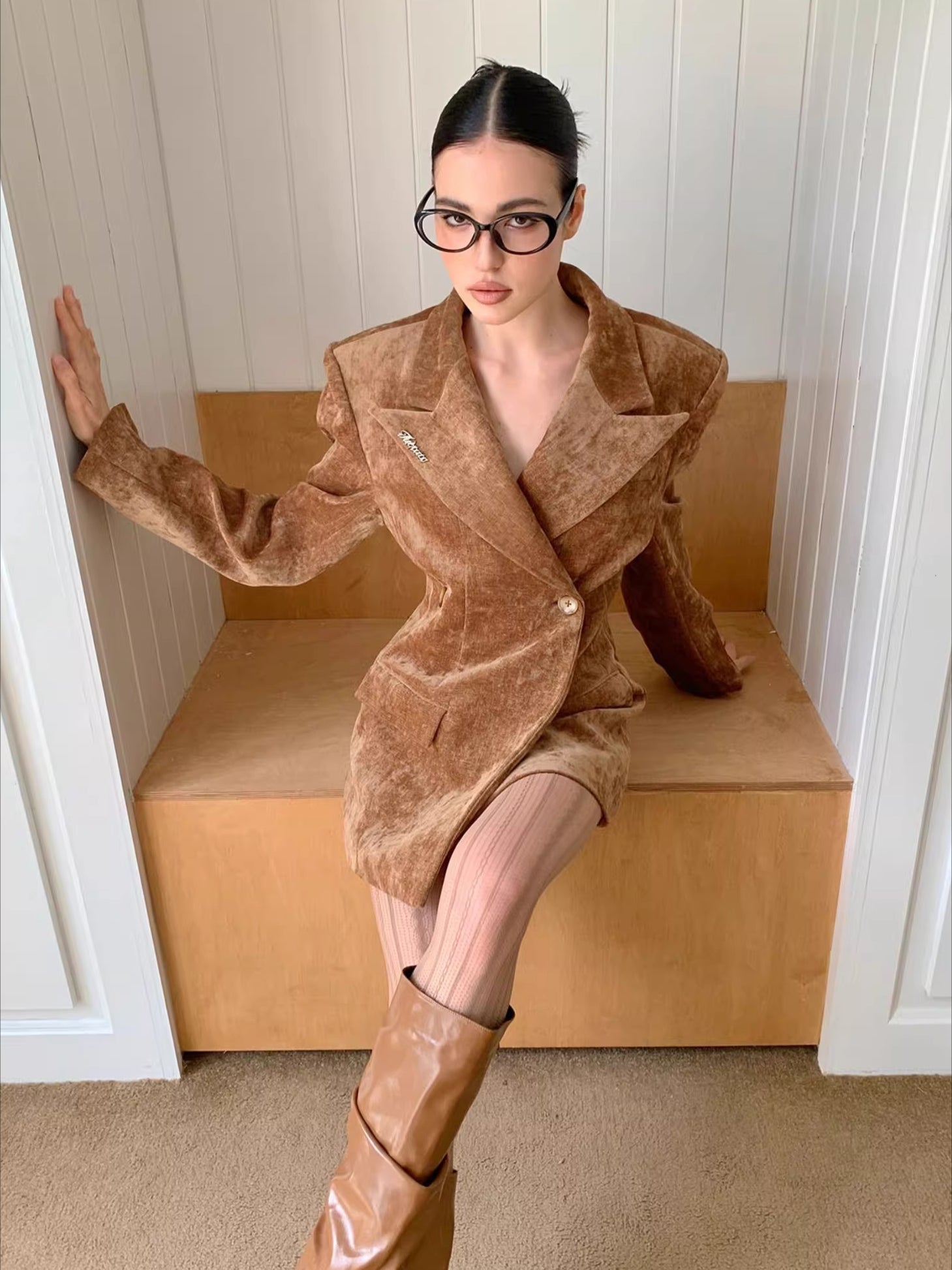 Waist-Cinched Power-Shoulder Blazer