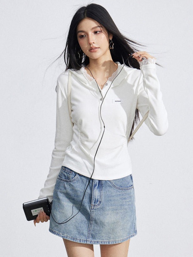 Lace Hooded Slim-Fit Long Sleeve T-Shirt