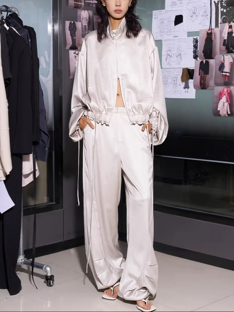 Draped Satin Pleated Wide-Leg Trousers