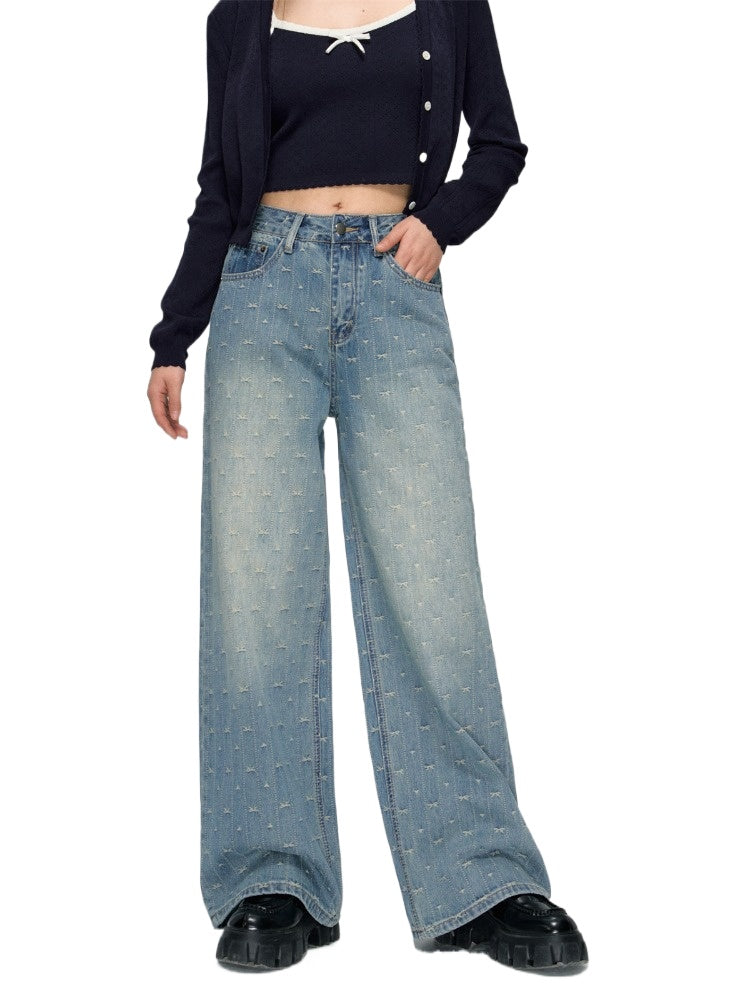 Bow Jacquard Wide-Leg Jeans - CHINASQUAD