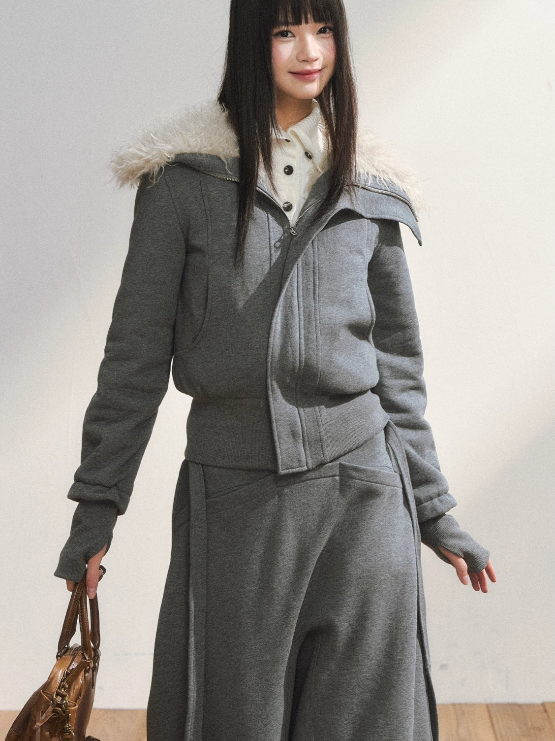 Faux Fur Collar Cropped Sweat Jacket