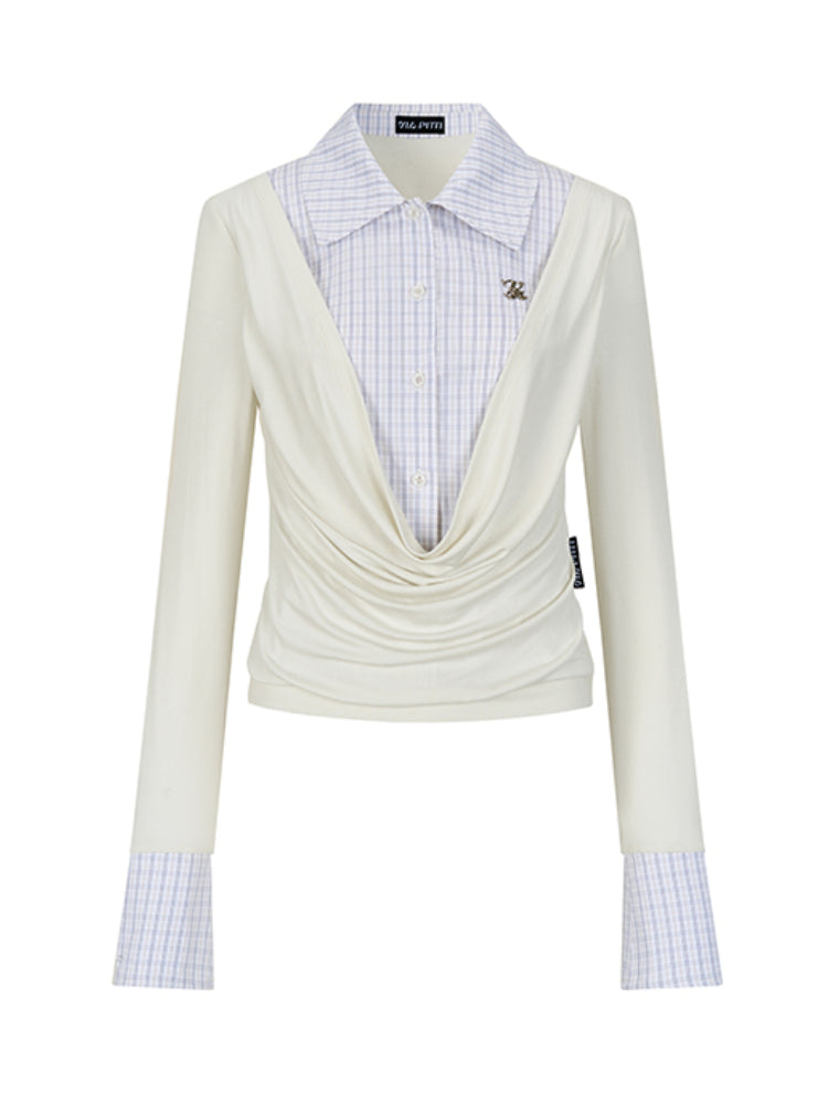 Fake Two-Piece Plaid Spliced Shirt - CHINASQUAD