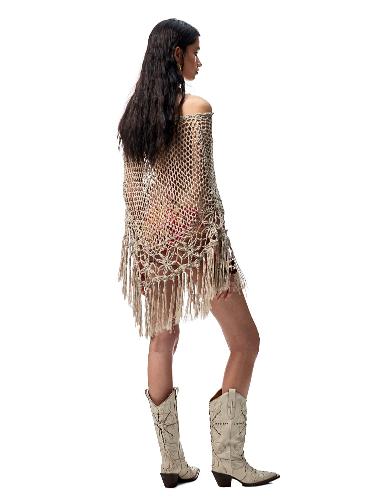Hollow Out One-Piece Fringed Knit Shrug - CHINASQUAD