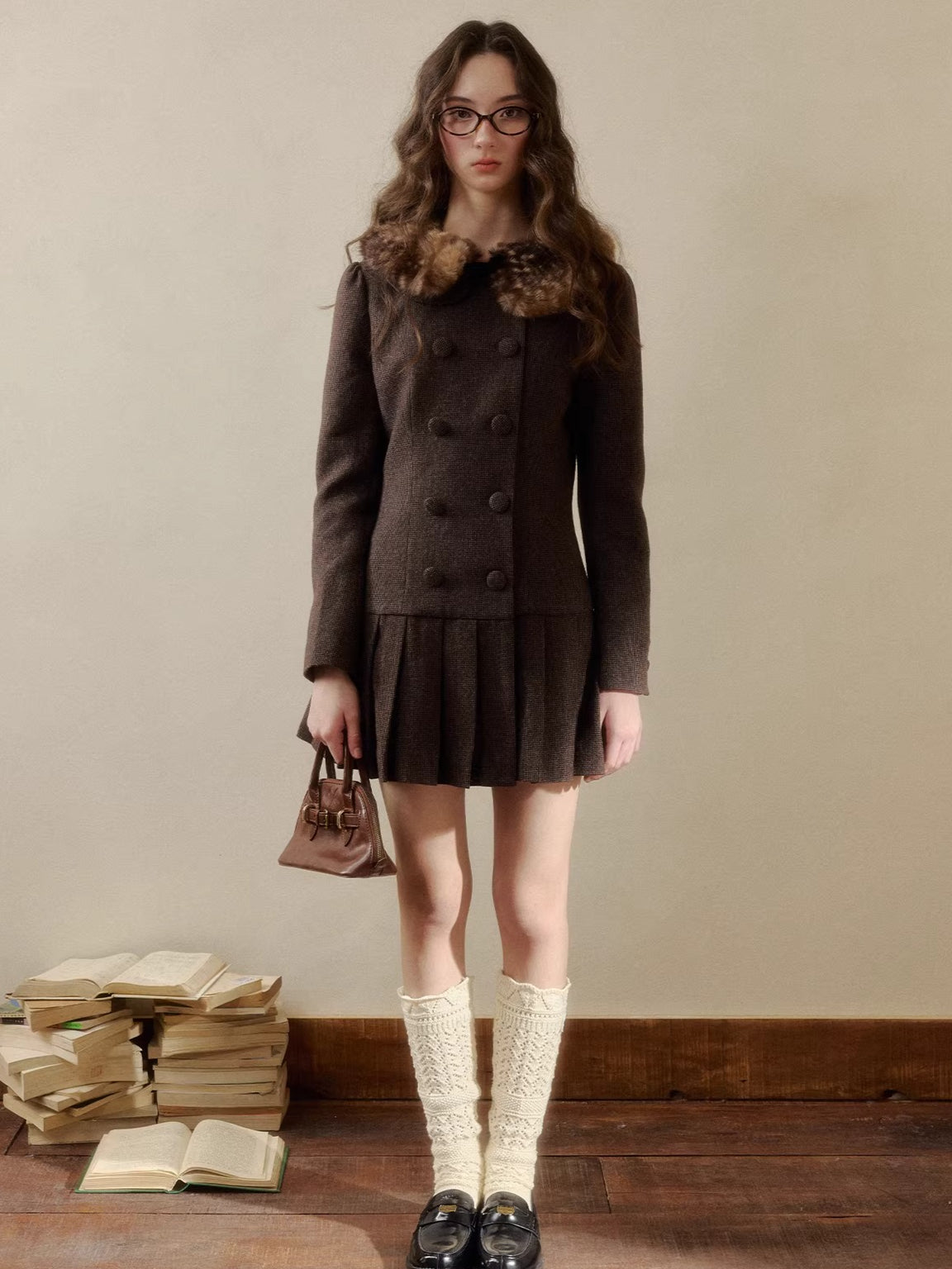 Vintage Preppy Doll-Collar Houndstooth Pleated Dress