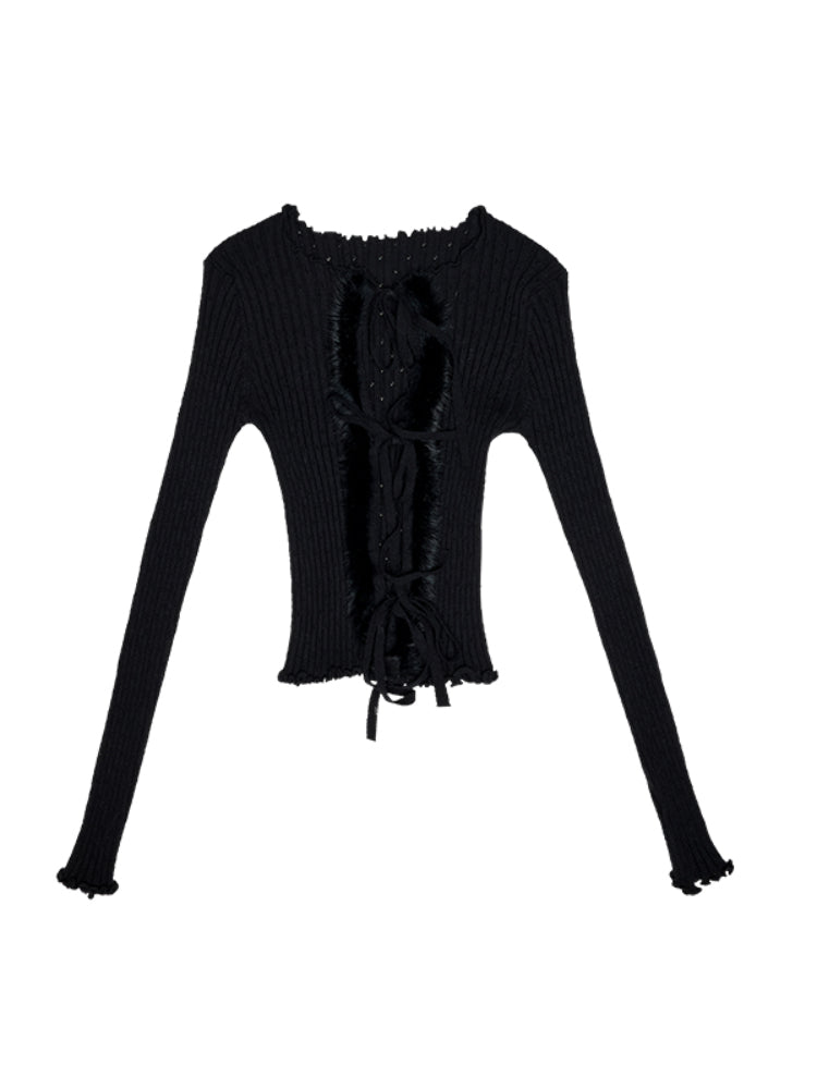 Tie-up and Fur Panel Knitted Cardigan - CHINASQUAD