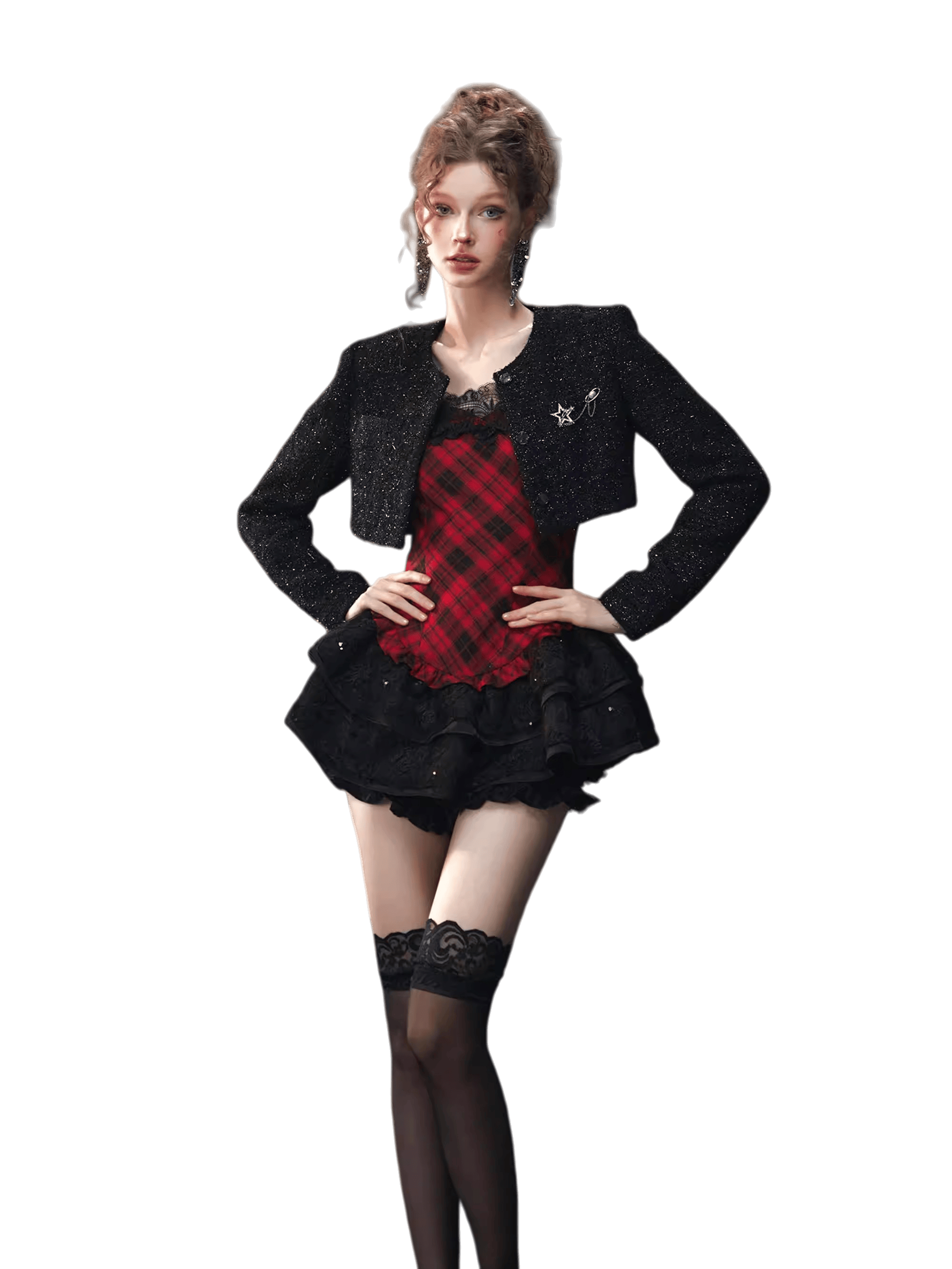 Plaid Puff Dress with Lace Overlay Set