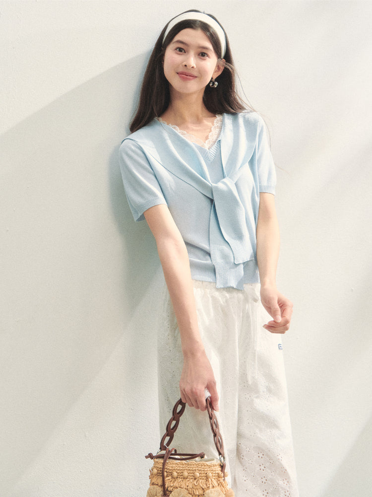 Lace Spliced V-Neck Knitted T-Shirt - CHINASQUAD