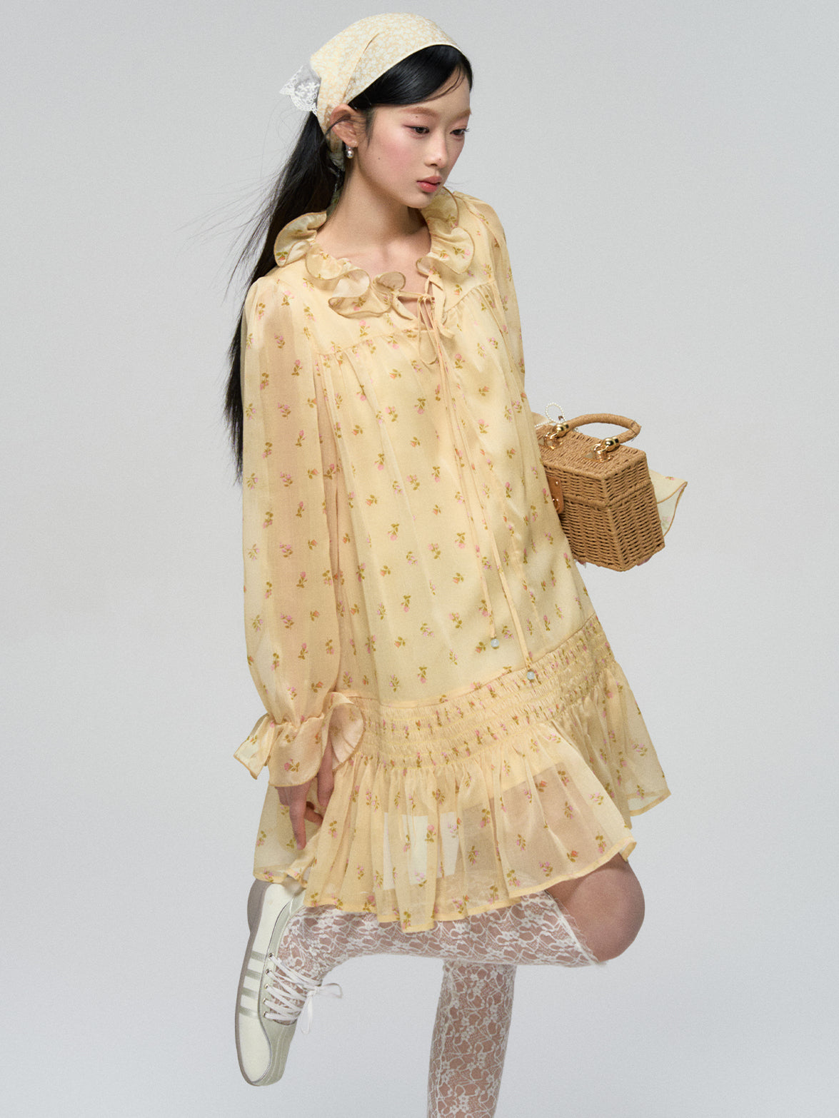 Ruffled Floral Long Sleeve Dress - CHINASQUAD