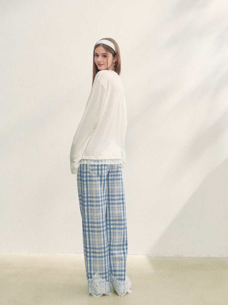 Lace Panel Checked Straight-Leg Pants - CHINASQUAD