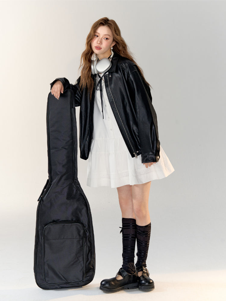 White Bowknot Tied Pleated Shirt Dress - CHINASQUAD