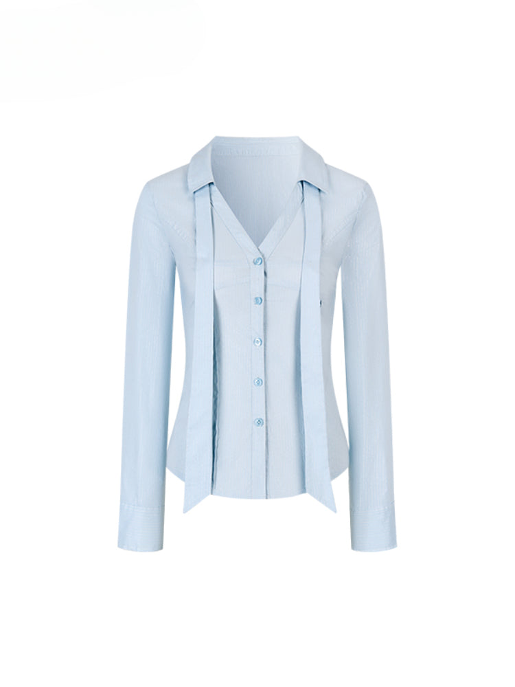 Contrast-colored Collared Waist-cinched Shirt - CHINASQUAD