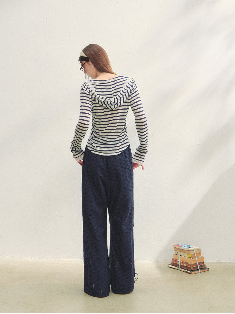 Striped Color-block Lace Spliced T-Shirt - CHINASQUAD