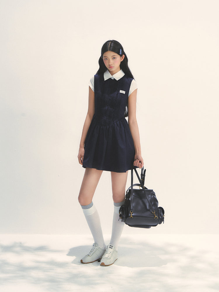 Miu-style Fake Two-piece Navy Blue Dress - CHINASQUAD