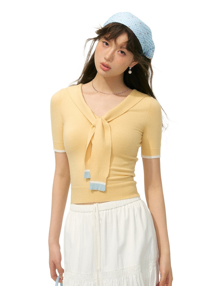 Preppy Style Collared Tie Knit Top - CHINASQUAD