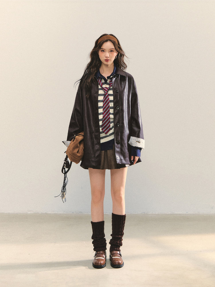 Black H-shaped Cuff Checkered Spliced Leather Jacket - CHINASQUAD