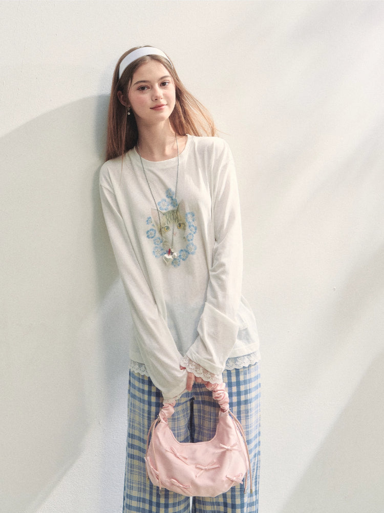 Lace Panel Animal Print Long-Sleeve Tee - CHINASQUAD