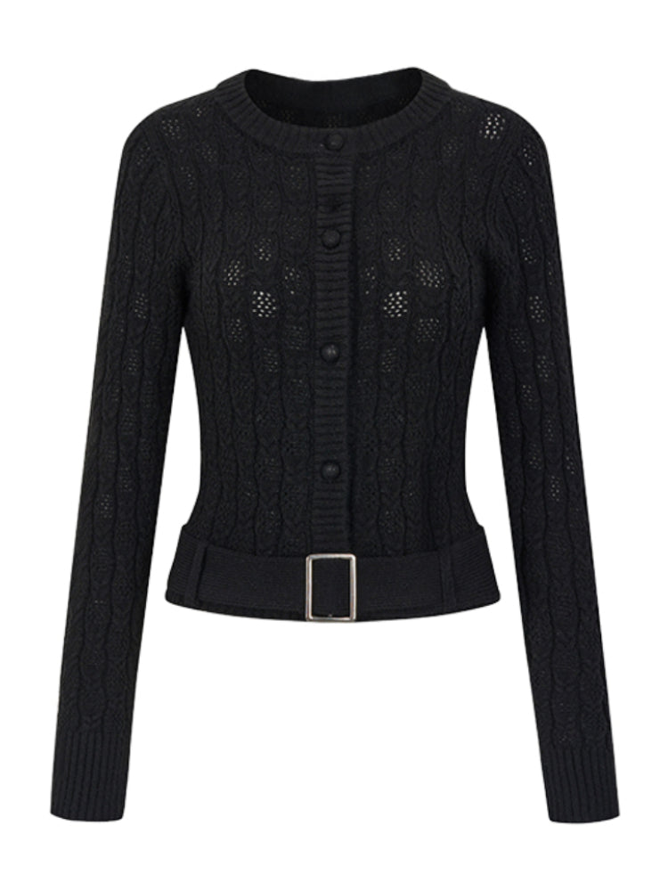 Belted Hollow Out Knit Sweater - CHINASQUAD