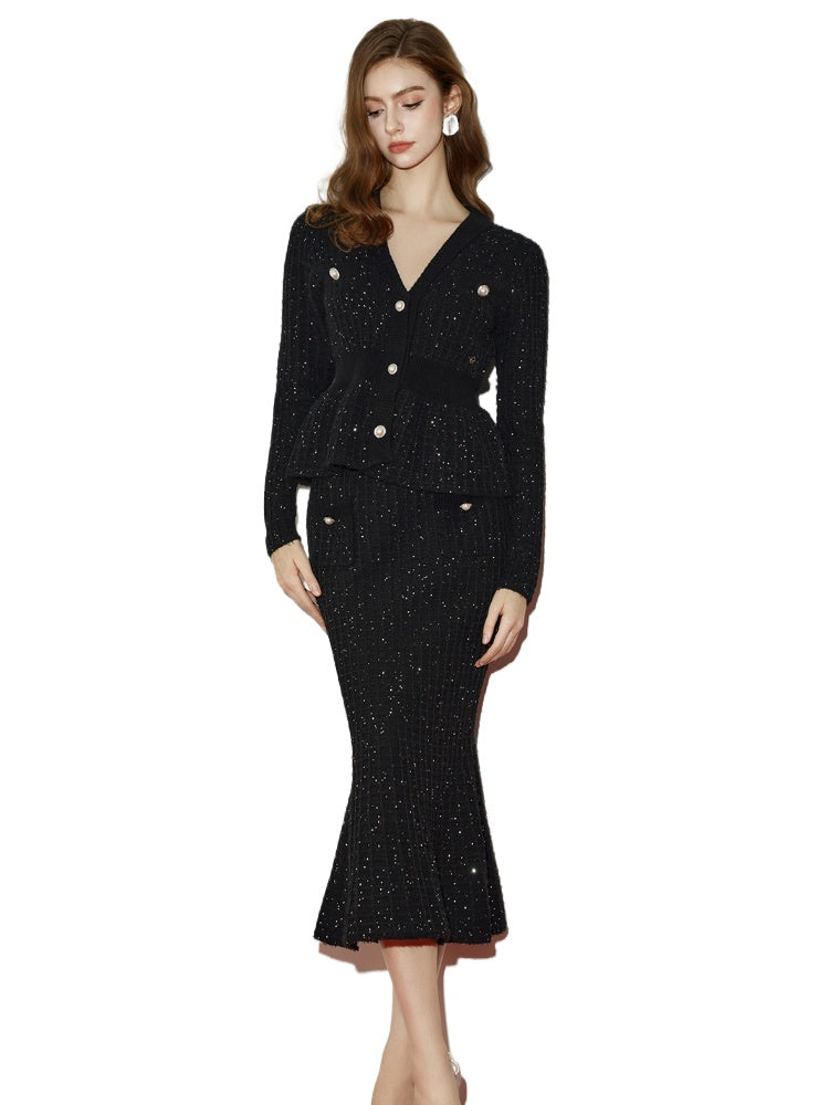 V-Neck Waist-Cinching Mermaid Cardigan & Skirt Set - CHINASQUAD