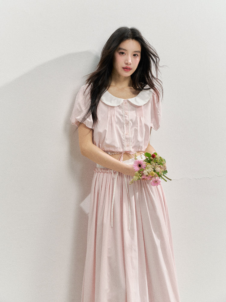 Pink Doll Collar Cropped Shirt & Skirt Set - CHINASQUAD