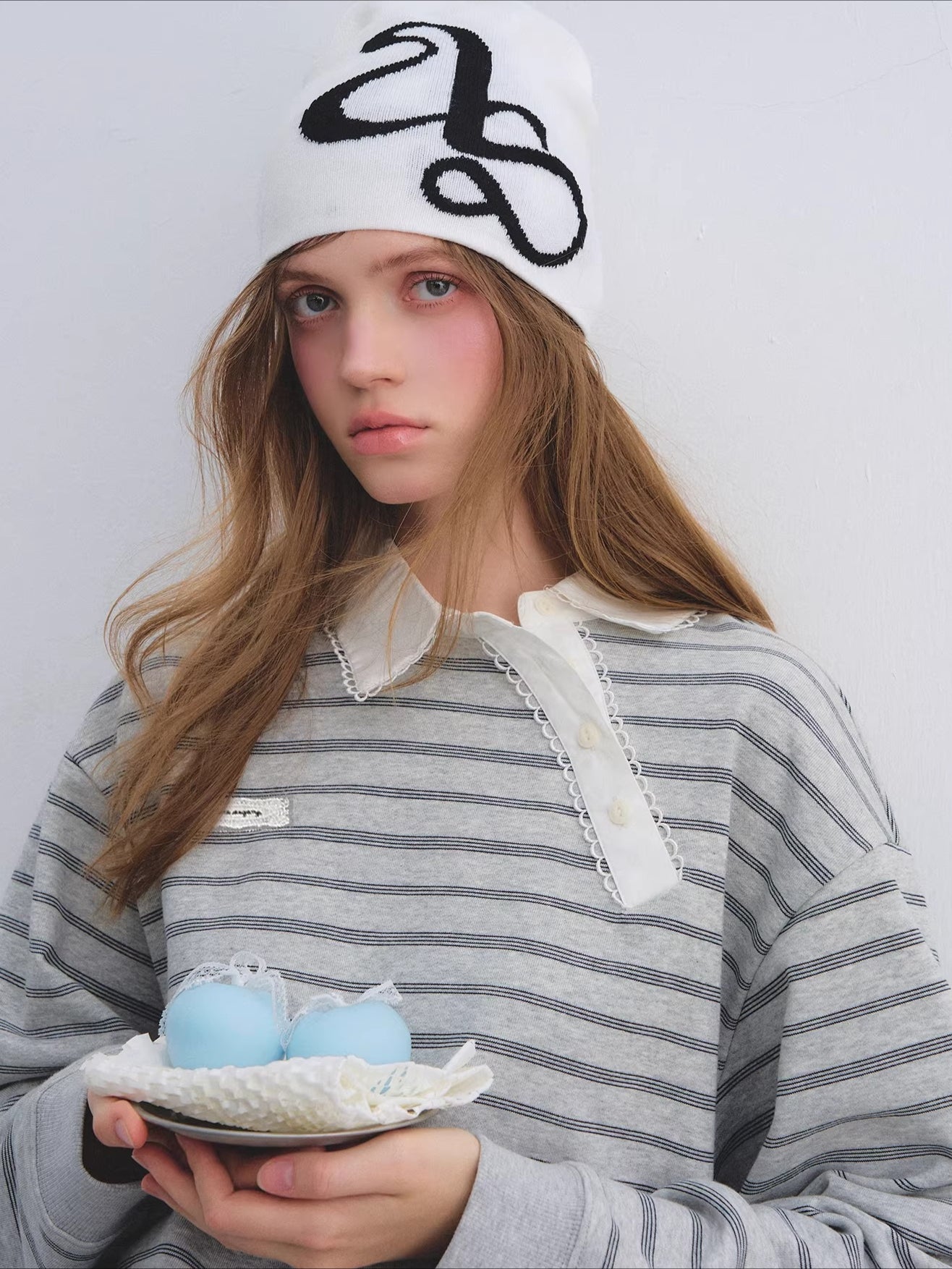 Placket Ruffle Collar Striped Sweatshirt