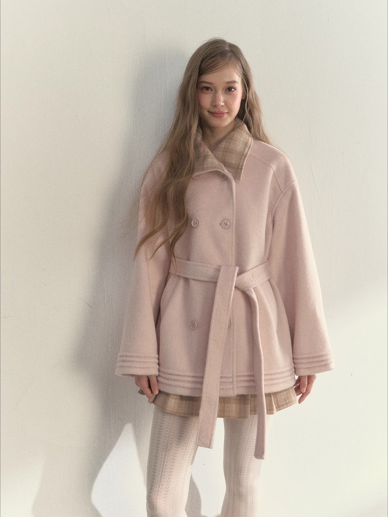 Khaki & Misty Pink Plaid Collar & Belt Wool Coat