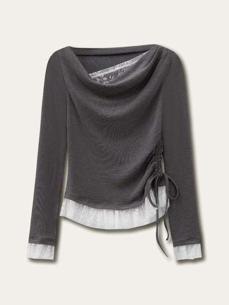 Lace Faux Two-Piece Long Sleeve T-shirt - CHINASQUAD