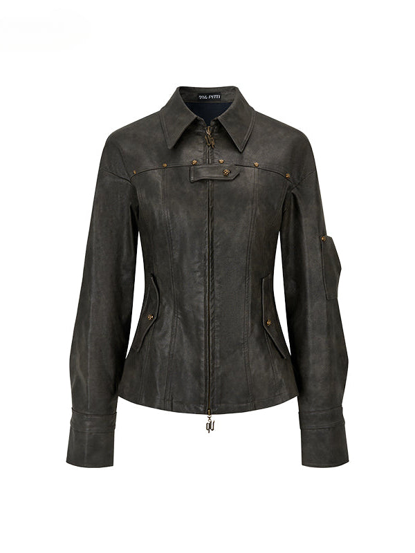Dark Brown Studded PU Leather Jacket - CHINASQUAD