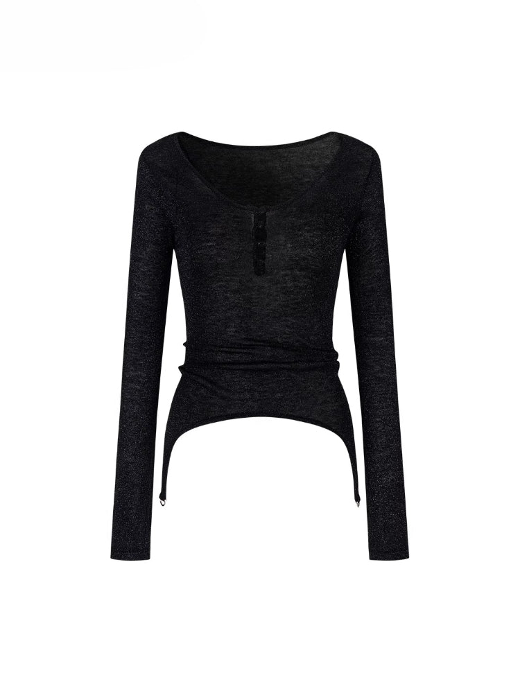 Irregular Knit Waist-Cinched Long-Sleeve Tee
