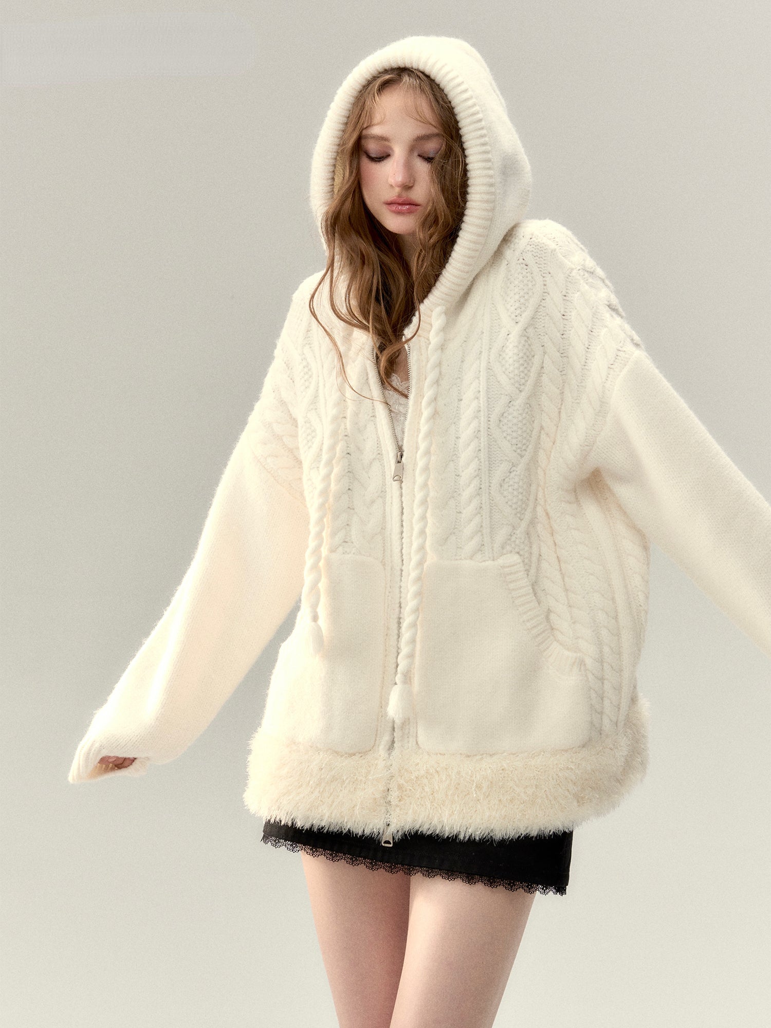 Off-white & Khaki Twisted Knit Hooded Sweater - CHINASQUAD